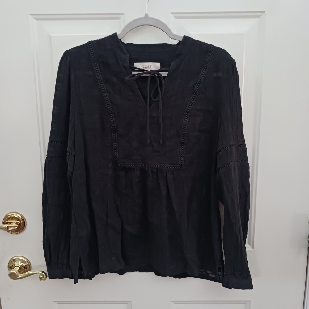 LOFT Black Cotton Gauze Tie Neck Peasant Blouse Ladder Lace Trim Top M